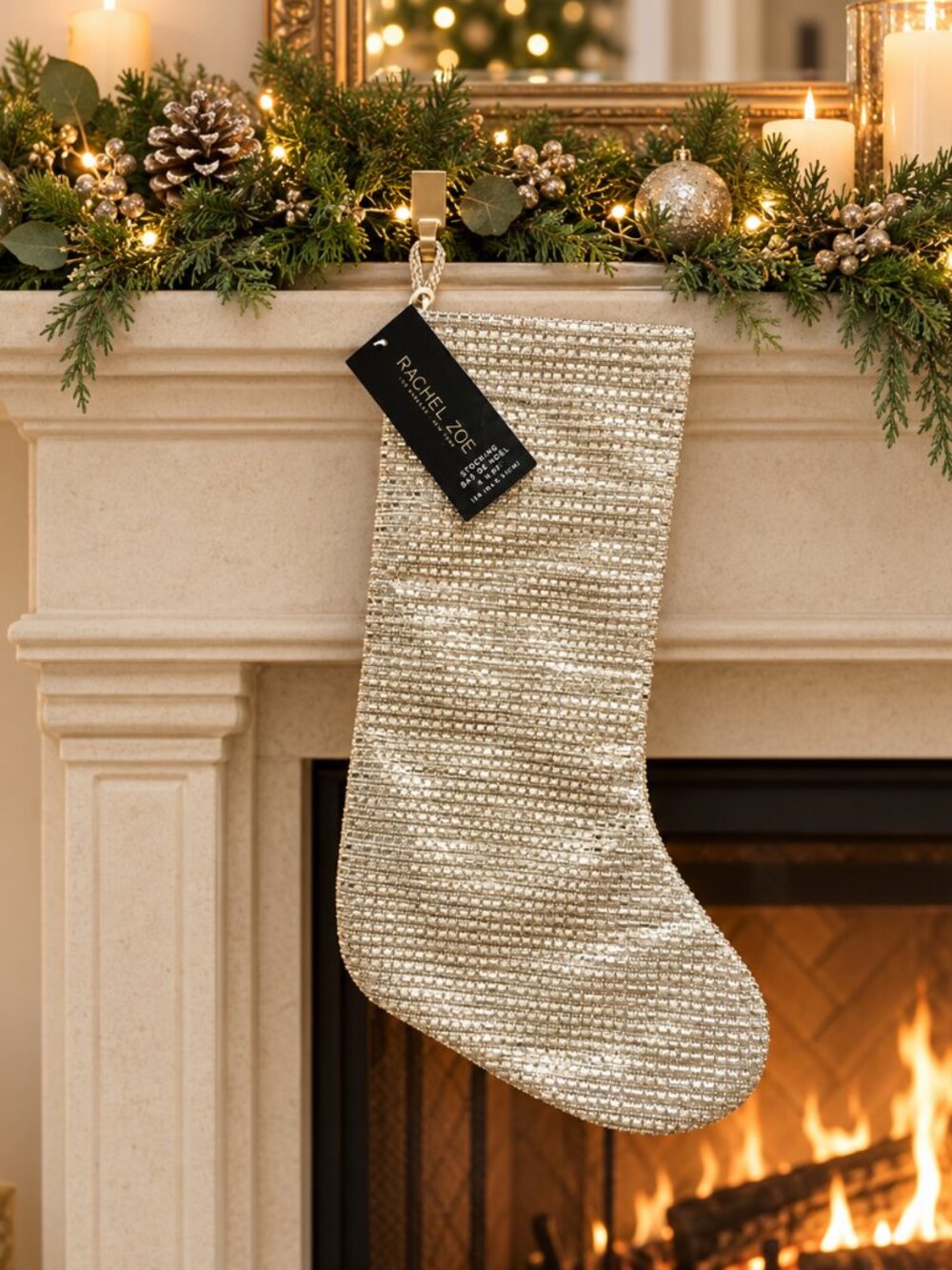 Rachel Zoe Mirrored Christmas Stocking Mirror Rhinestones Silver Stones Bling